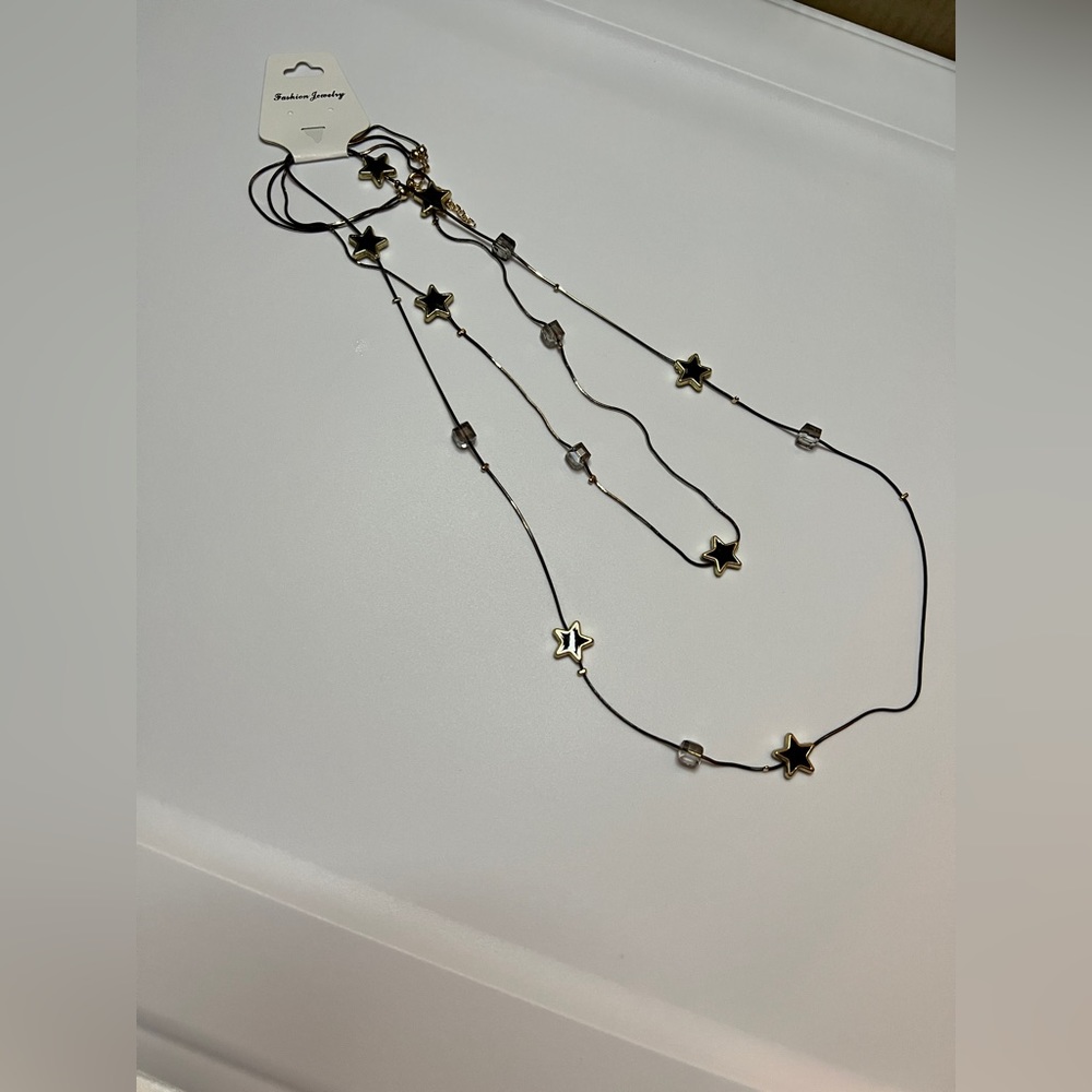Black Gold double Stars ⭐️ & Crystal long unique necklace. EXCELLENT QUALITY ⭐️